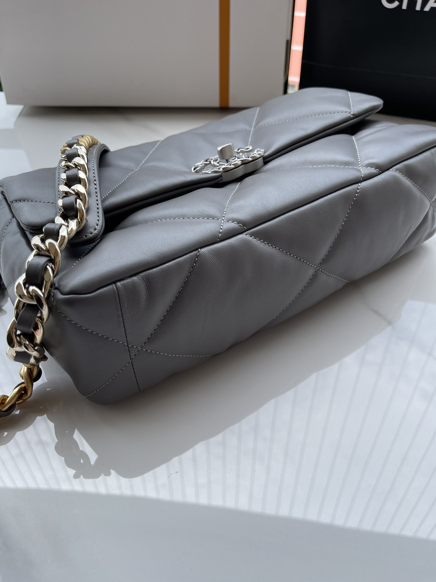 Ch*el 19 large handbag shiny leather, gold-tone, silver-tone & ruthenium-finish metal gray 7.8 × 11.7 × 3.9 in